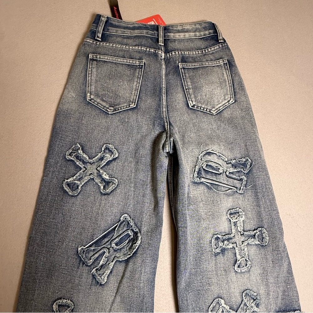 ROWME JEANS Patched Grunge Punk Letter Pattern Distressed Wide Leg Baggy 2 XS - Picture 9 of 11